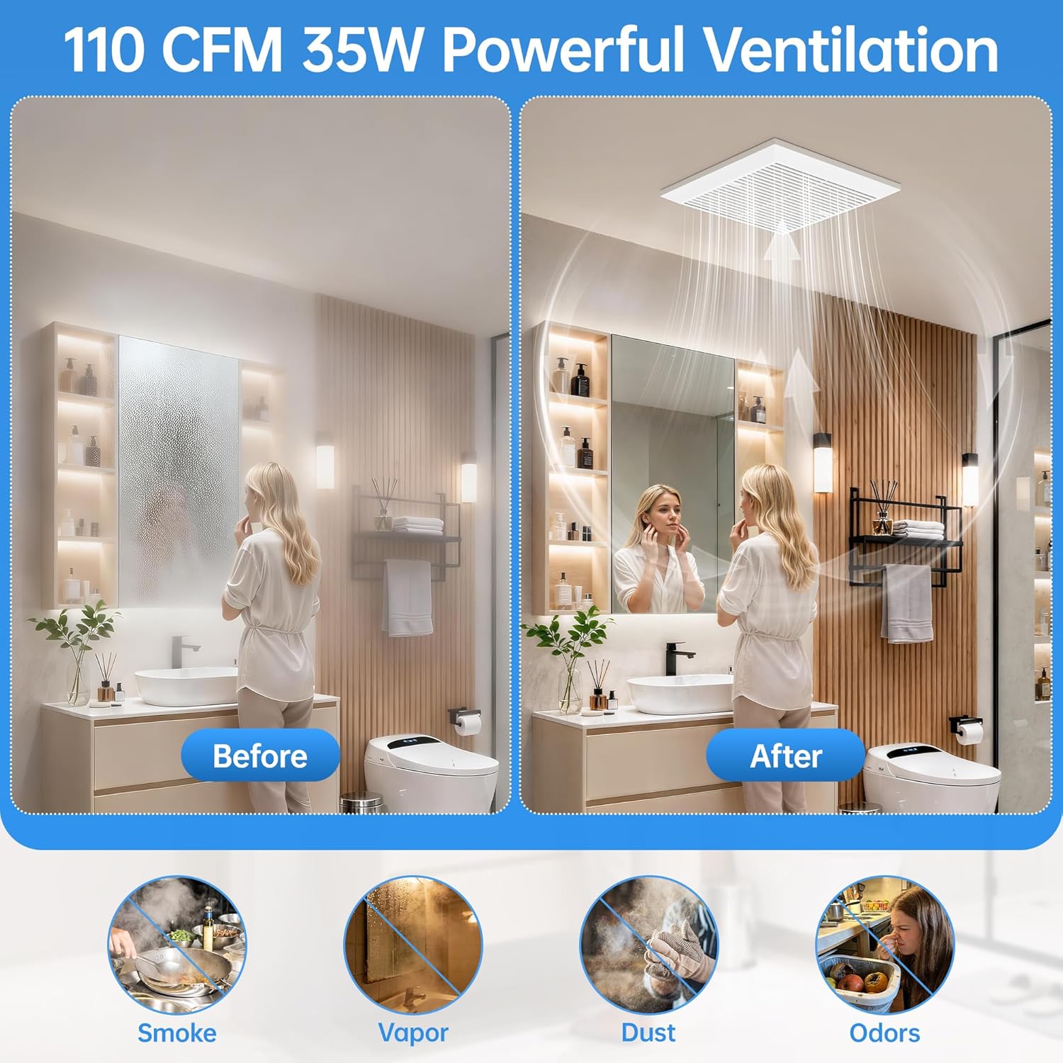 Hawkrown Bathroom Exhaust Fan with Quiet 1.0 Sone Operation, 110 CFM Ceiling Ventilation Fan, Metal Housing, Easy Install, No Attic Access Required, Wall Switch Control
