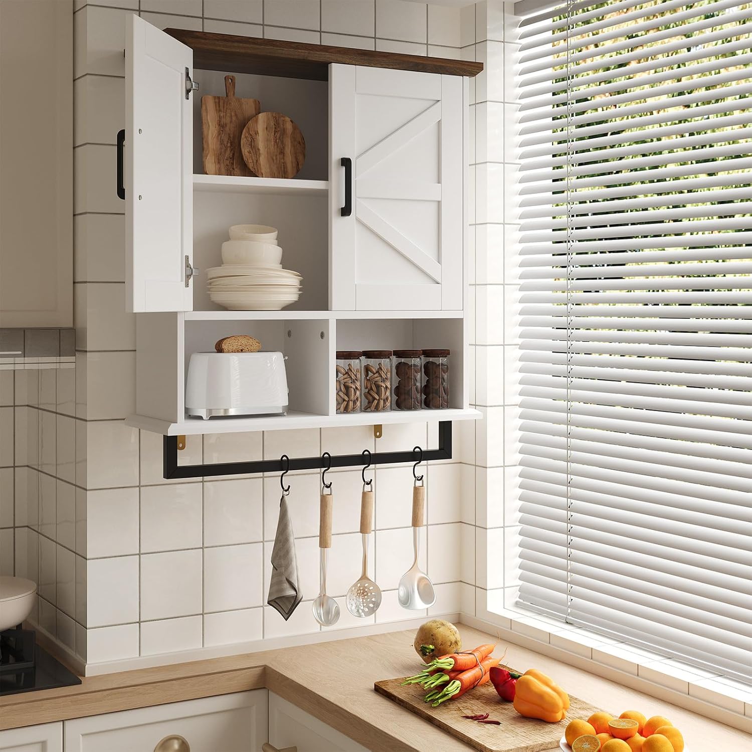 Hawkrown Farmhouse Bathroom Wall Cabinet with Adjustable Shelves & Towel Racks, White Wall Mounted Medicine Cabinet, Over The Toilet Storage Cabinet for Bathroom, Kitchen, Laundry Room