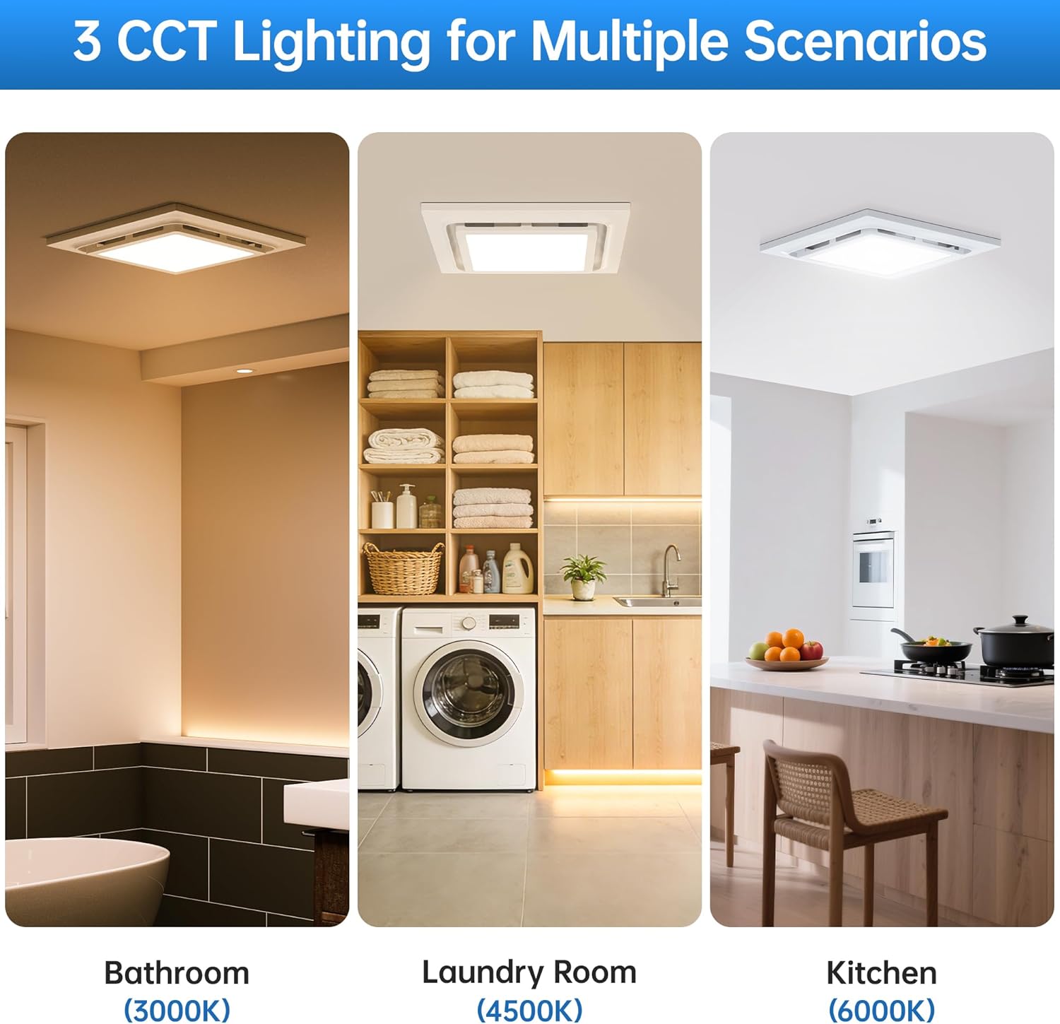12inch Panel Bathroom Exhaust Fan with Light,3CCT(3000K,4500K,6000K, 1200lm), 140 CFM Powerful Ventilation, Ultra Quiet 1.0 Sone Ceiling Ventilation Fan for Bath, Bedroom, Laundry, 10”x10”Mount