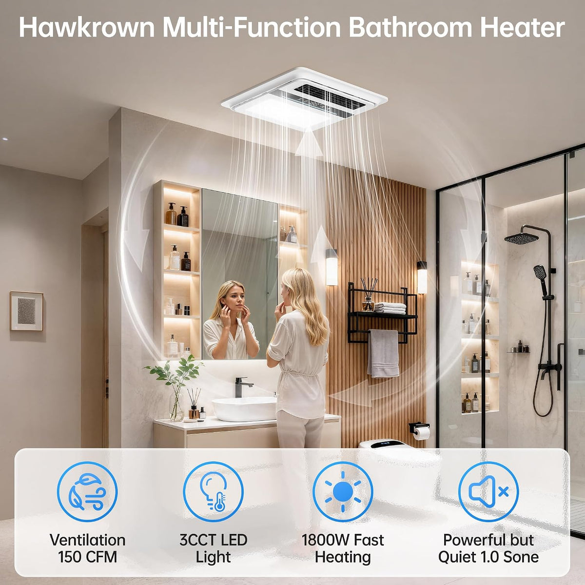 Hawkrown 4 in 1 Bathroom Exhaust Fan with Light, 1760W Heater Fan Light Combo, 190 CFM Bathroom Fan, 1.0 Sone Exhaust Fan with Heater, Light, Ventilation for Home, Bath, Hotel