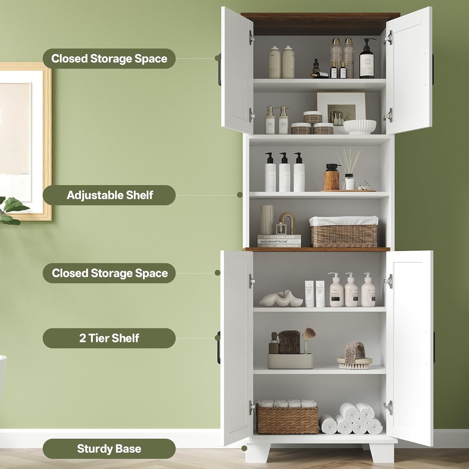 Hawkrown Farmhouse Bathroom Storage Cabinet, 67.9" Tall Freestanding Cabinet with 7 Adjustable Shelves & Barn Doors, Multipurpose Pantry Cupboard for Kitchen, Bathroom, Living Room, Dining Room