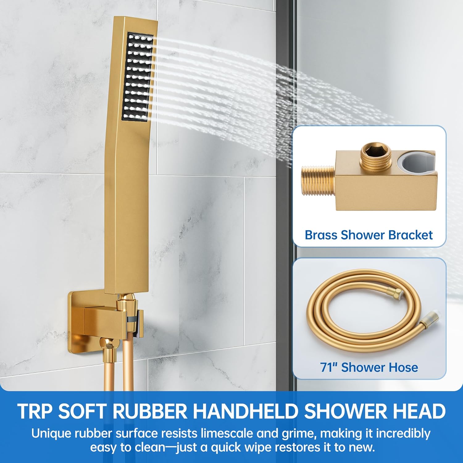 16 Inch Luxury Rain Shower Faucet Set, Brushed Gold Shower System with Rainfall Shower Head and Handheld Spray, SUS304 Stainless Steel and Solid Brass Wall Mounted Shower Valve Trim Kit