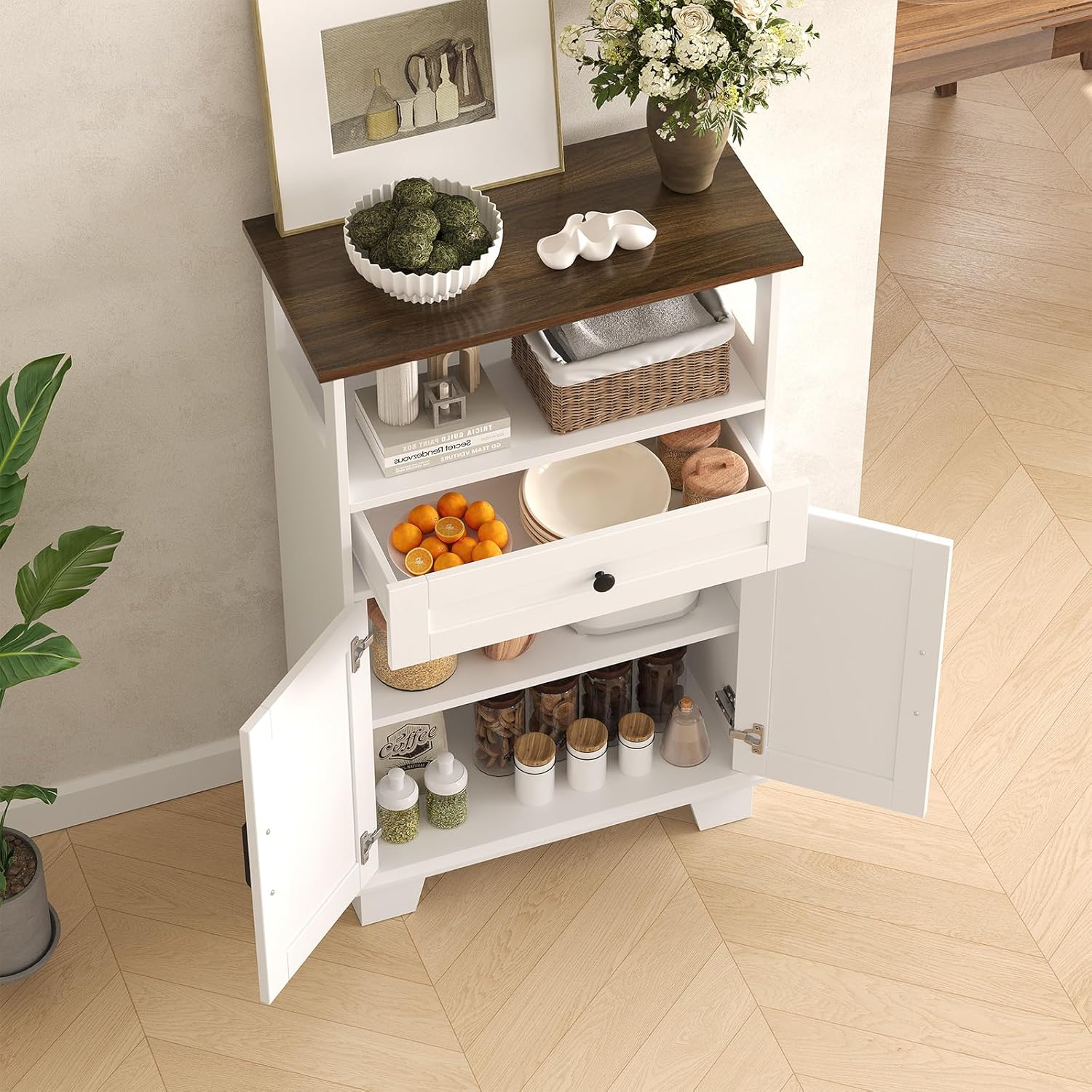 Hawkrown Farmhouse Bathroom Storage Cabinet with Drawer & Adjustable Shelves, White 23.6" Wide Freestanding Floor Cabinet, Barn Door, Sturdy Wood, for Kitchen, Entryway (23.6 * 11.8 * 39.3" (Floor))