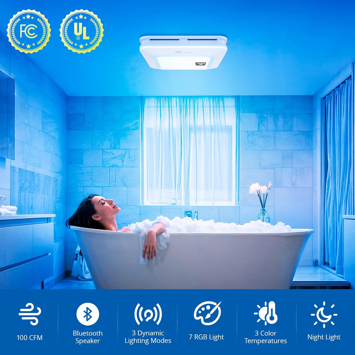 Hawkrown Bathroom Exhaust Fan with Bluetooth Speaker, 100 CFM 1.0 Sone Bathroom Exhaust Fan with Light, Dynamic Light, 7 LED Color, 3CCT Dimmable, Nightlight,Remote, Easy Install (White)