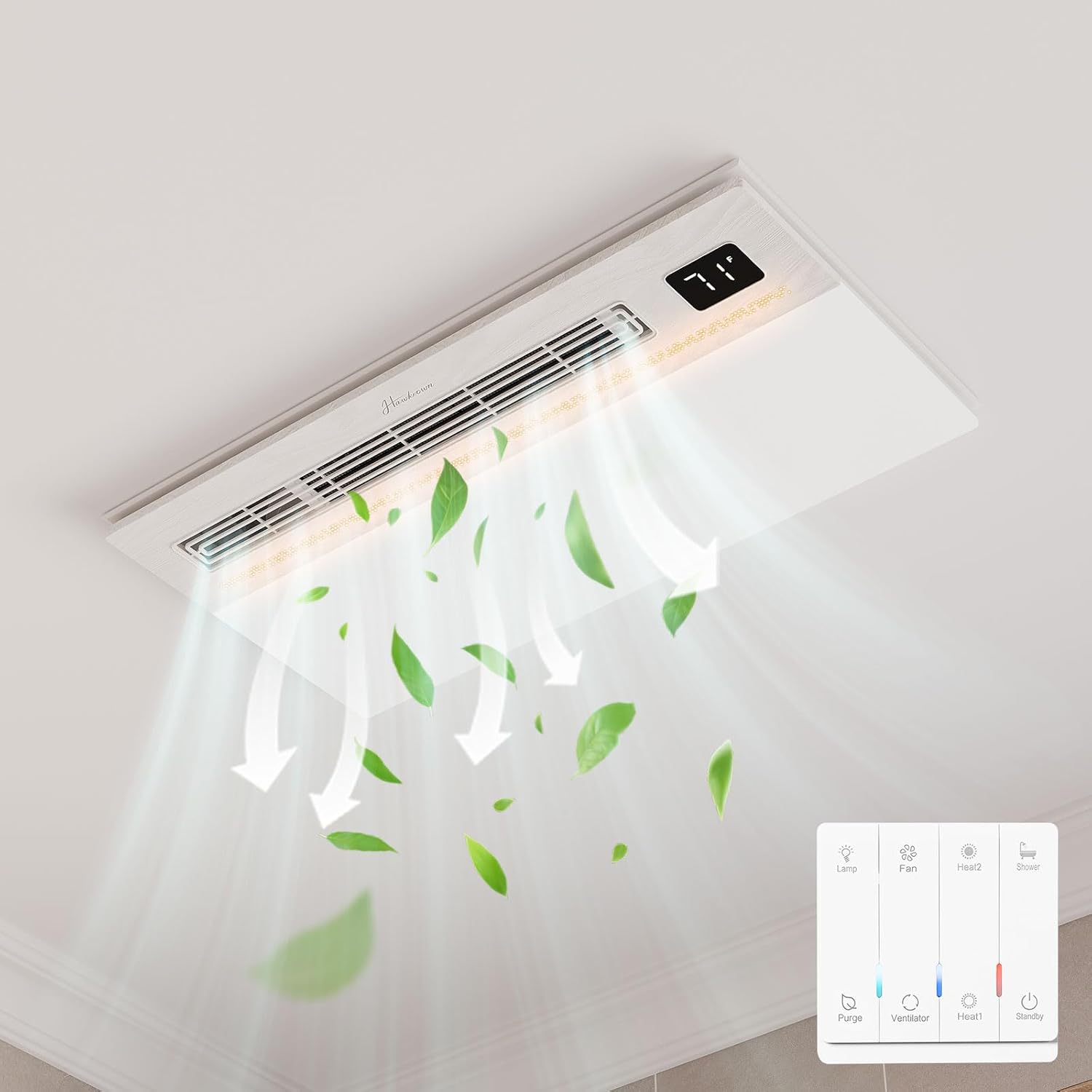 4 in 1 Bathroom Exhaust Fan with Light and Heater, 1800W 180 CFM 1.0 Sone Ceiling Fan Remote Control Heater, Ventilation for Home, Bath, Hotel