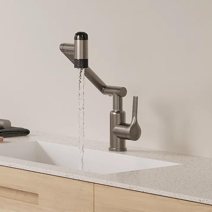 1080° Rotatable Bathroom Faucet, 1 Hole Single Handle with 4 Water Outlet Modes, Swivel Arm Faucet for Bathroom Kitchen and RV (Brushed Gray)