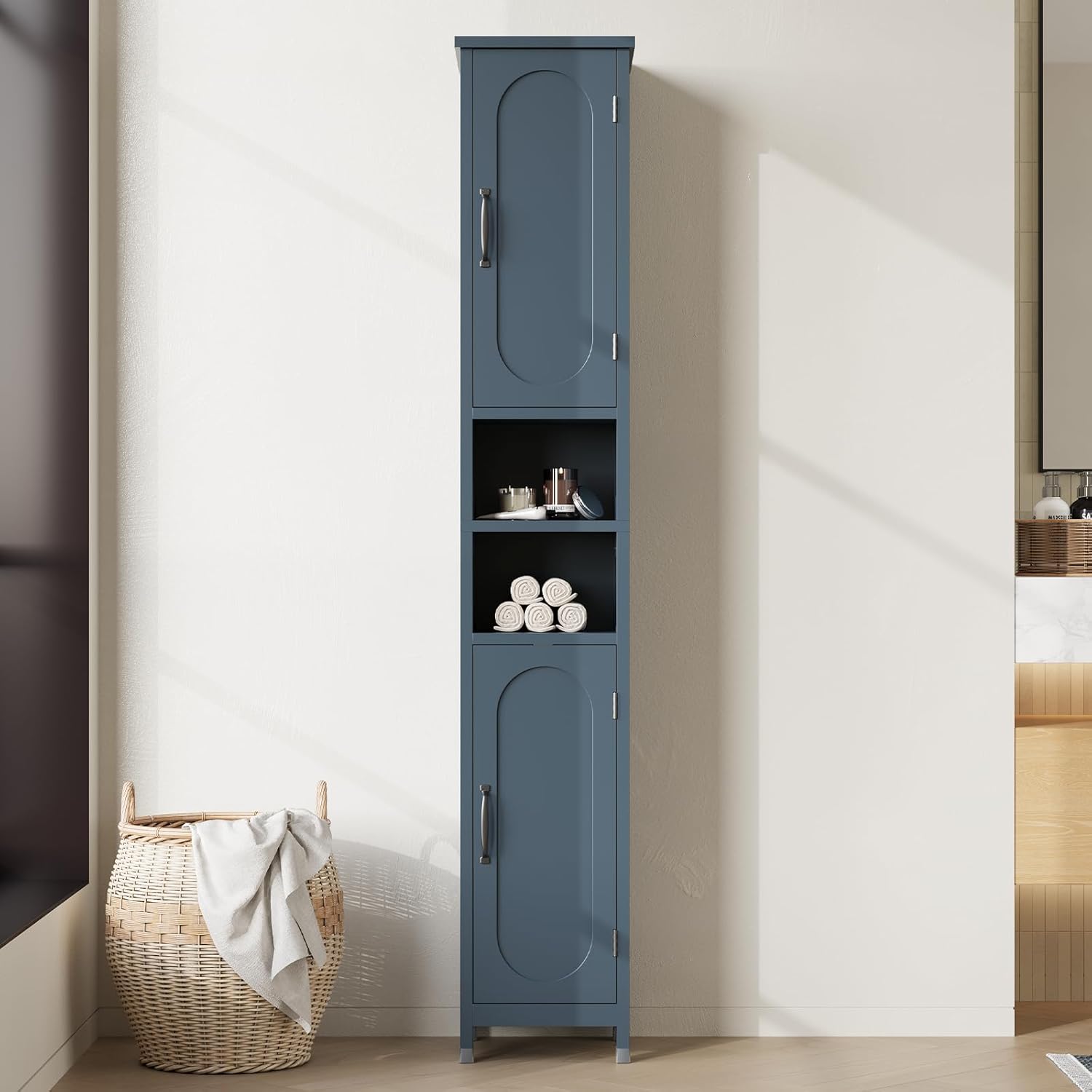 67" Tall Bathroom Storage Cabinet with Lights, Slim Narrow Bathroom Cabinet Organizer with Doors and Adjustable Shelves, Tall Cabinet for Small Space, Living Room (Blue)
