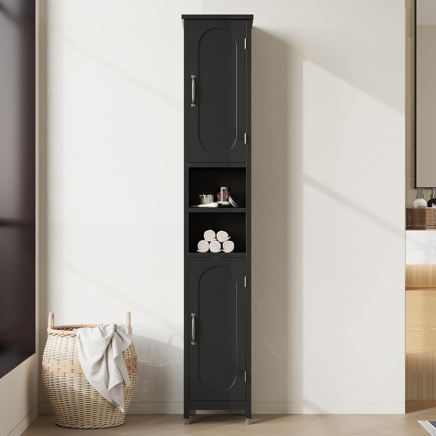 67" Tall Bathroom Storage Cabinet with Lights, Slim Narrow Bathroom Cabinet Organizer with Doors and Adjustable Shelves, Tall Cabinet for Small Space, Living Room (Black)