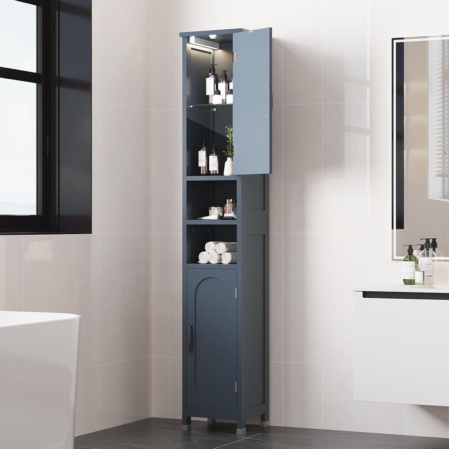 67" Tall Bathroom Storage Cabinet with Lights, Slim Narrow Bathroom Cabinet Organizer with Doors and Adjustable Shelves, Tall Cabinet for Small Space, Living Room (Blue)