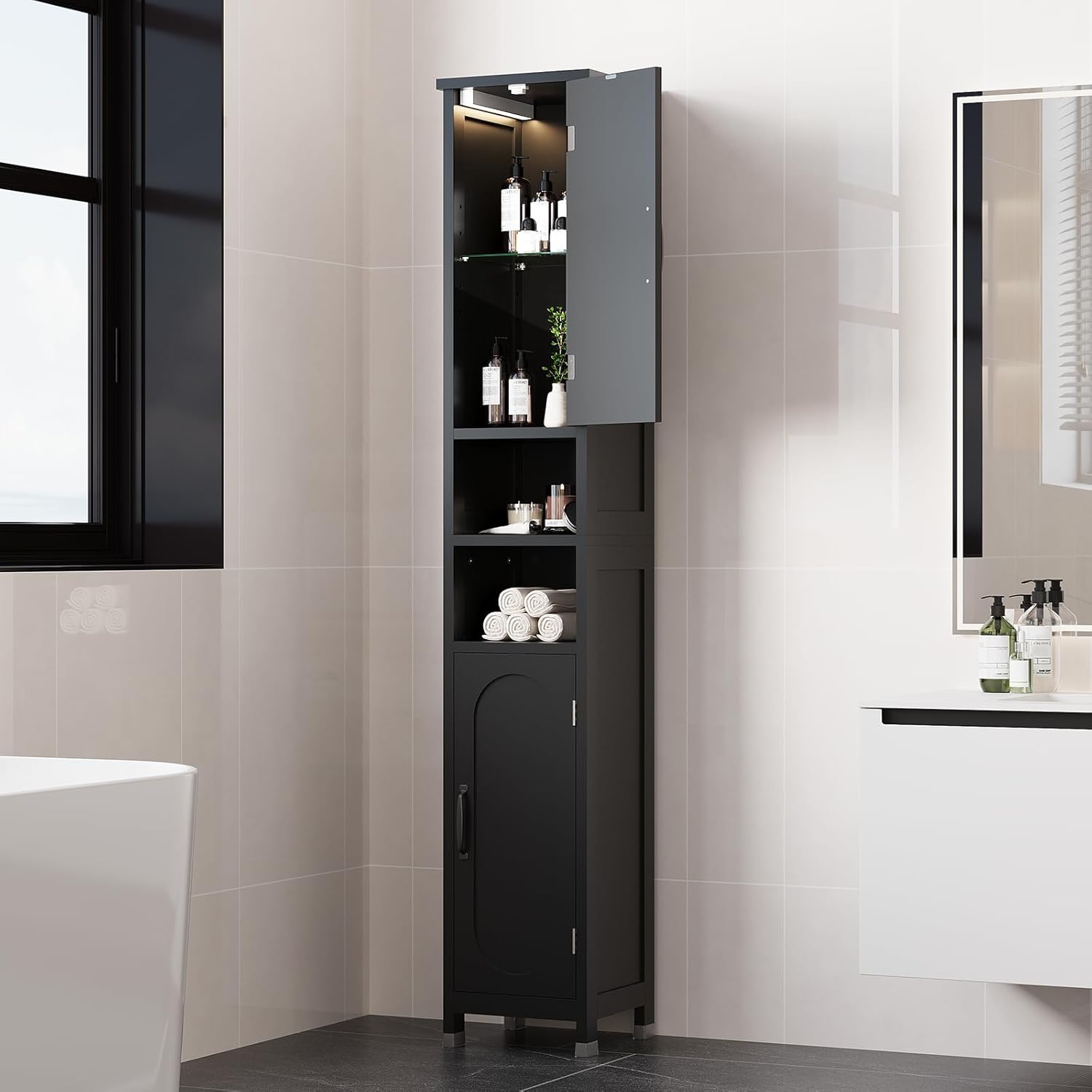 67" Tall Bathroom Storage Cabinet with Lights, Slim Narrow Bathroom Cabinet Organizer with Doors and Adjustable Shelves, Tall Cabinet for Small Space, Living Room (Black)