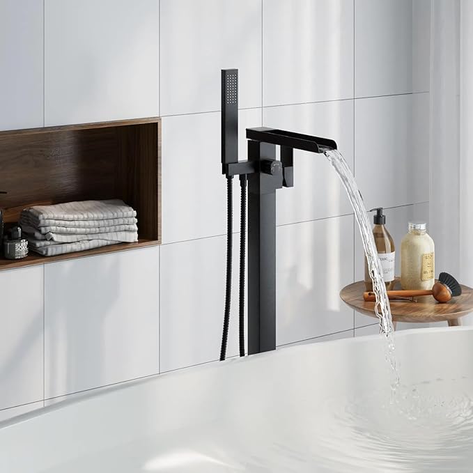 Freestanding Bathtub Faucet, Floor Mount Bathtub Faucet with 2 Water Outlet Modes, Swivel Gooseneck Spout with Hand Shower,Single Handle, Max Flow Rate 7.4 GPM (Waterfall-Black)