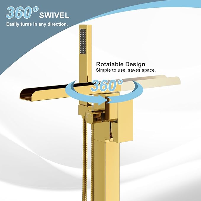 Freestanding Bathtub Faucet, Floor Mount Bathtub Faucet with 2 Water Outlet Modes, Swivel Gooseneck Spout with Hand Shower,Single Handle, Max Flow Rate 7.4 GPM (Waterfall-Bright Gold)