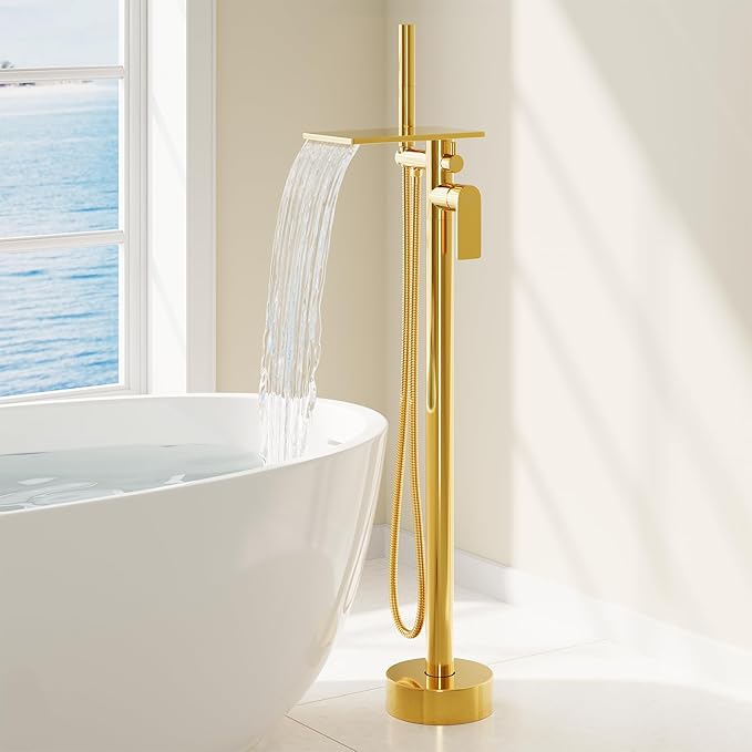 Freestanding Bathtub Faucet, Floor Mount Bathtub Faucet with 2 Water Outlet Modes, Swivel Gooseneck Spout with Hand Shower,Single Handle, Max Flow Rate 7.4 GPM (Waterfall 2-Bright Gold)