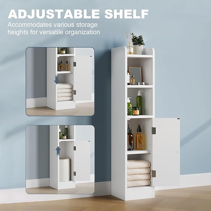 Small Bathroom Storage Cabinet, Narrow Slim Storage Cabinet with Doors and Adjustable Shelves,Freestanding Floor Corner Toilet Paper Organizer for Small Space (White)