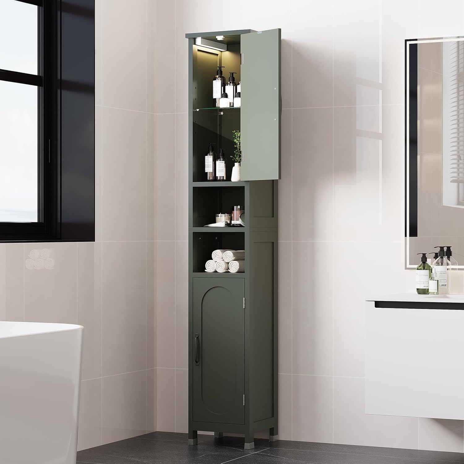 67" Tall Bathroom Storage Cabinet with Lights, Slim Narrow Bathroom Cabinet Organizer with Doors and Adjustable Shelves, Tall Cabinet for Small Space, Living Room (Green)