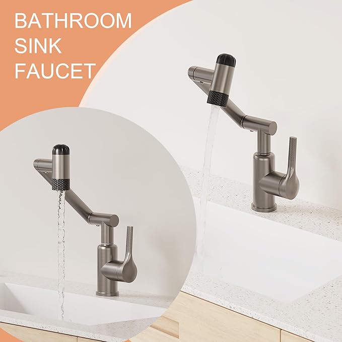 1080° Rotatable Bathroom Faucet, 1 Hole Single Handle with 4 Water Outlet Modes, Swivel Arm Faucet for Bathroom Kitchen and RV (Brushed Gray)