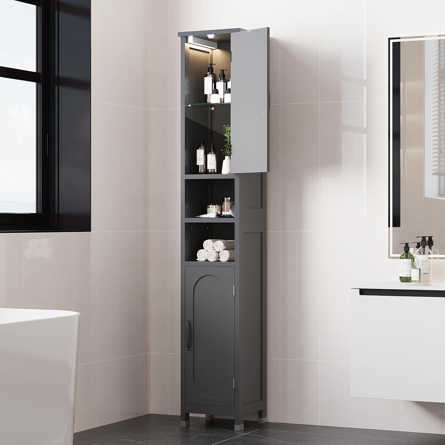 67" Tall Bathroom Storage Cabinet with Lights, Slim Narrow Bathroom Cabinet Organizer with Doors and Adjustable Shelves, Tall Cabinet for Small Space, Living Room, Kitchen (Grey)