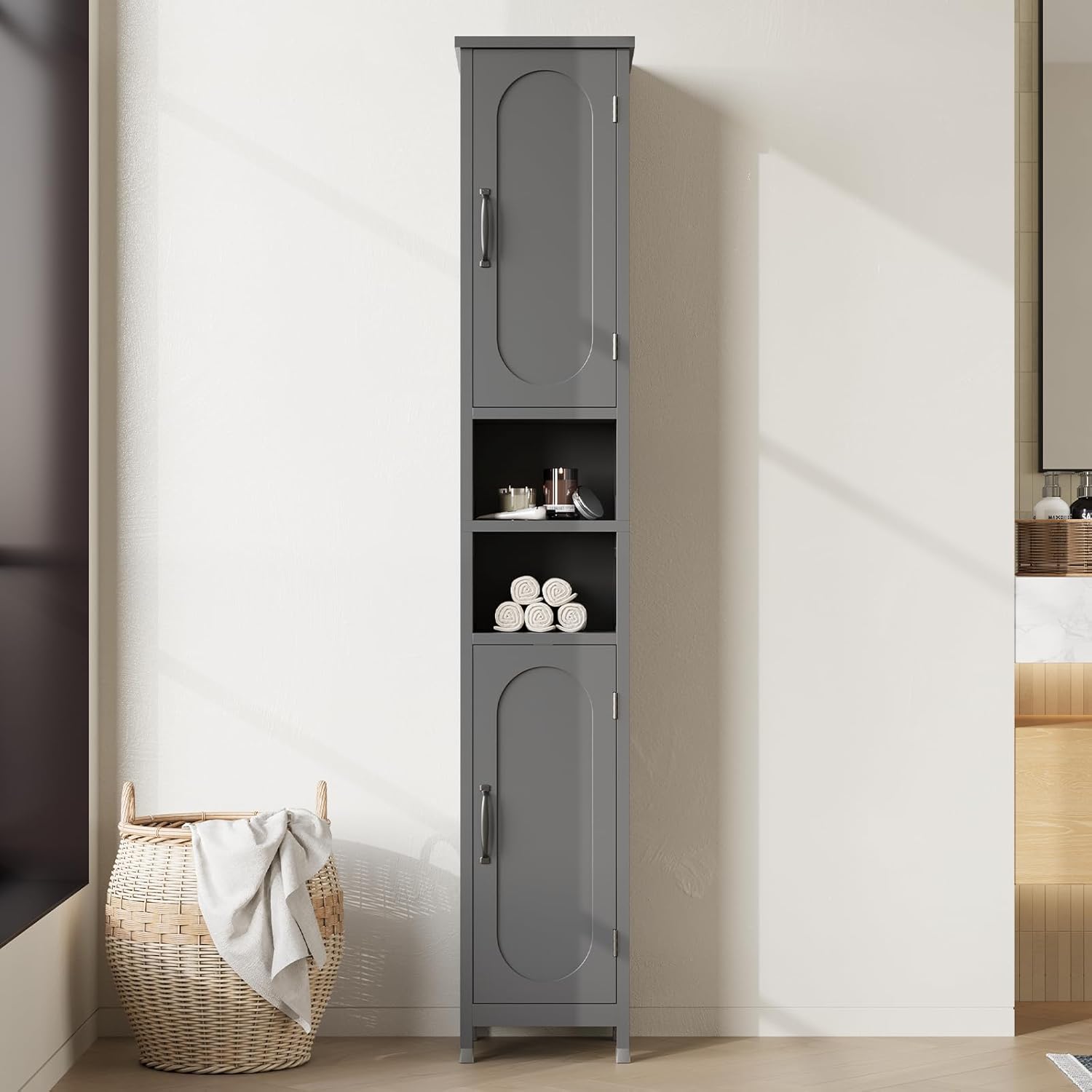 67" Tall Bathroom Storage Cabinet with Lights, Slim Narrow Bathroom Cabinet Organizer with Doors and Adjustable Shelves, Tall Cabinet for Small Space, Living Room, Kitchen (Grey)