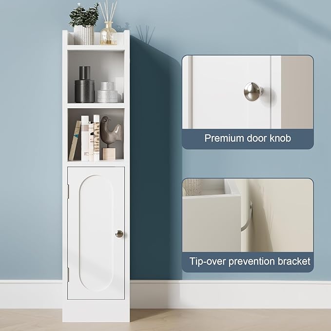 Small Bathroom Storage Cabinet, Narrow Slim Storage Cabinet with Doors and Adjustable Shelves,Freestanding Floor Corner Toilet Paper Organizer for Small Space (White)