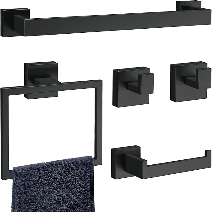 5-Piece Bathroom Accessories Set, SUS304 Stainless Steel Wall Mounted 16 Inch Hand Towel Bar, Toilet Paper Holder, Towel Ring, Towel Hooks, Bathroom Hardware Set, Towel Bar Set (Matte Black)