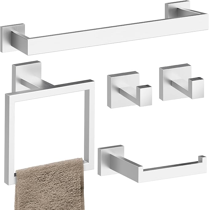 5-Pieces Bathroom Hardware Set, SUS304 Stainless Steel Wall Mounted 16 Inch Hand Towel Bar, Toilet Paper Holder, Towel Ring, Towel Hooks, Bathroom Towel Bar Set (Brushed Nickel)