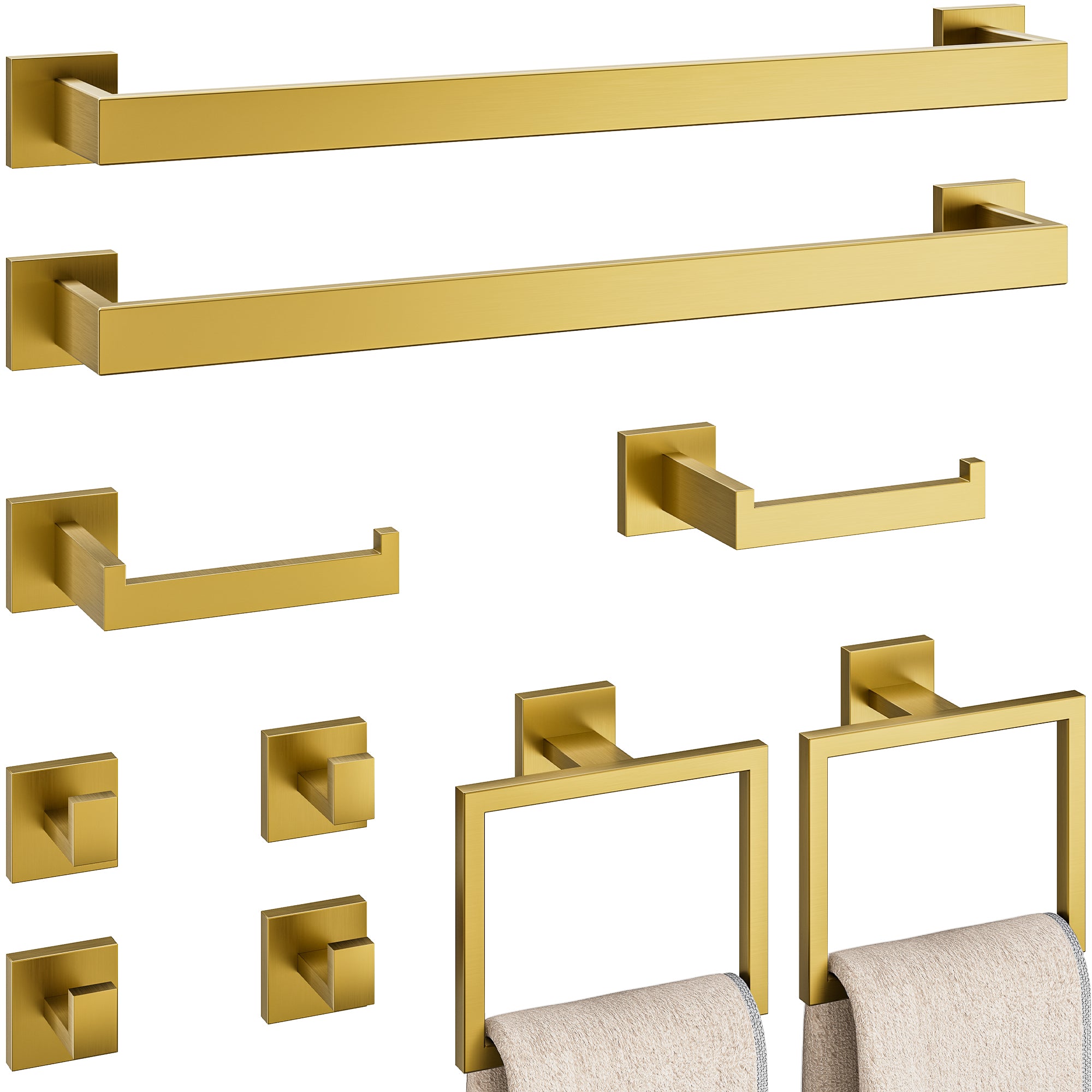 10-Piece Bathroom Hardware Accessories Set, 23.6 Inch SUS304 Stainless Steel Towel Bar Set, Wall Mounted Bathroom Towel Holders, Towel Hooks with Toilet Paper Holder (Brushed Gold)