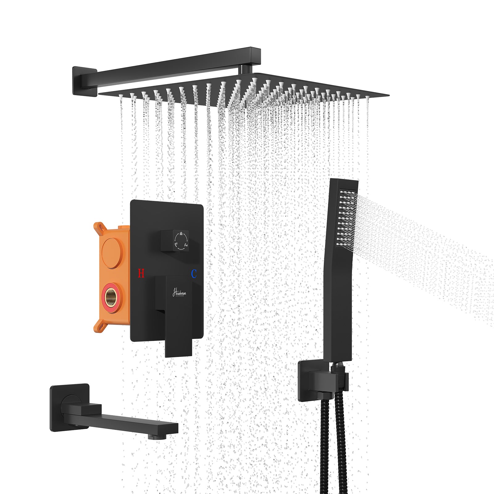 High-Pressure Concealed Shower System with 10” Rainfall Shower, Tub Spout, and Handheld Spray Combo