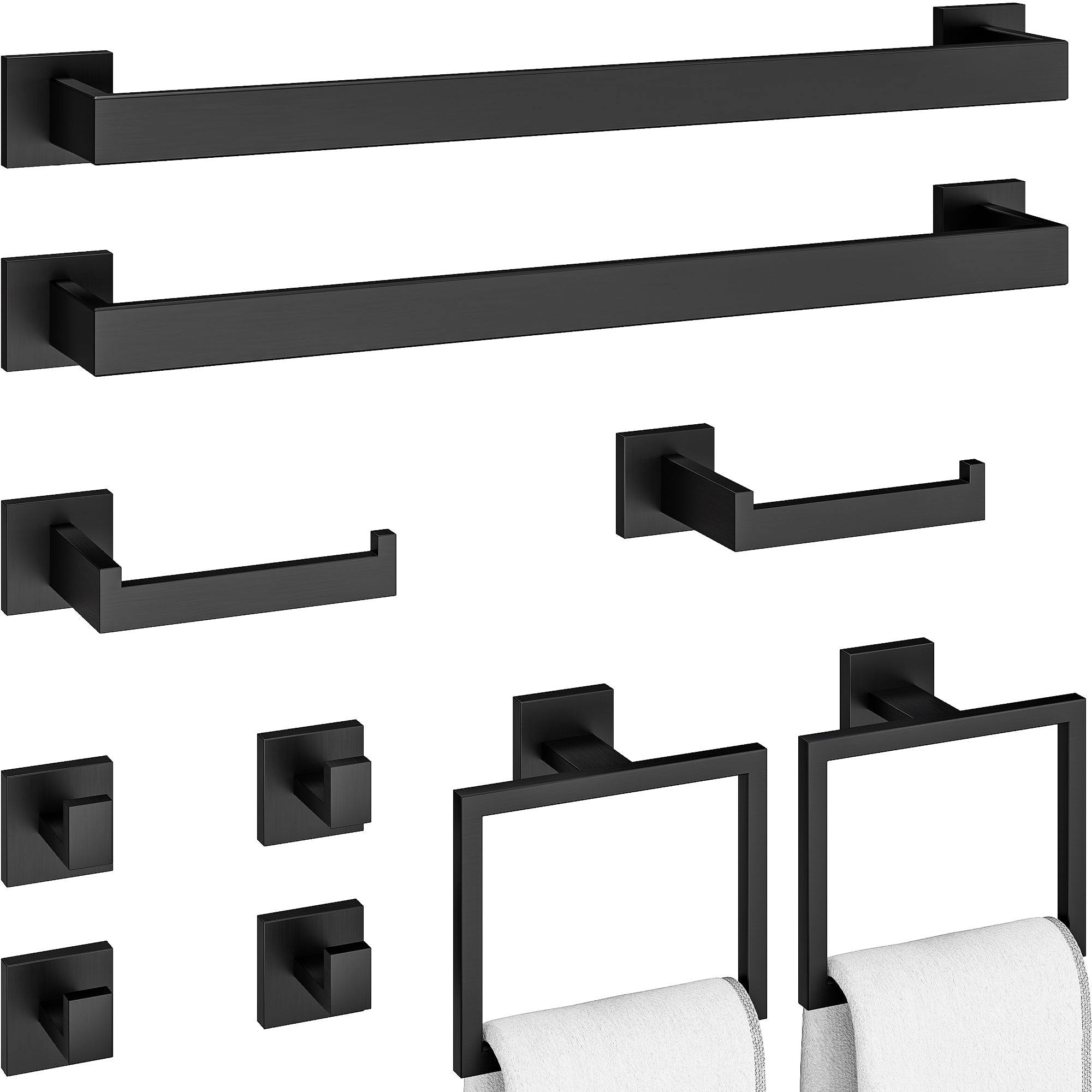 10-Piece Bathroom Hardware Accessories Set, 16 Inch SUS304 Stainless Steel Towel Bar Set, Wall Mounted Bathroom Towel Holders, Towel Hooks with Toilet Paper Holder (Matte Black)
