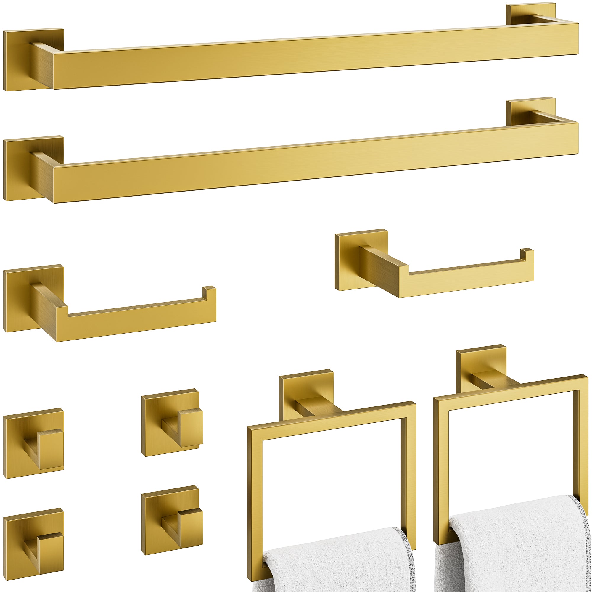 10-Piece Bathroom Hardware Accessories Set, 16 Inch SUS304 Stainless Steel Towel Bar Set, Wall Mounted Bathroom Towel Holders, Towel Hooks with Toilet Paper Holder (Brushed Gold)