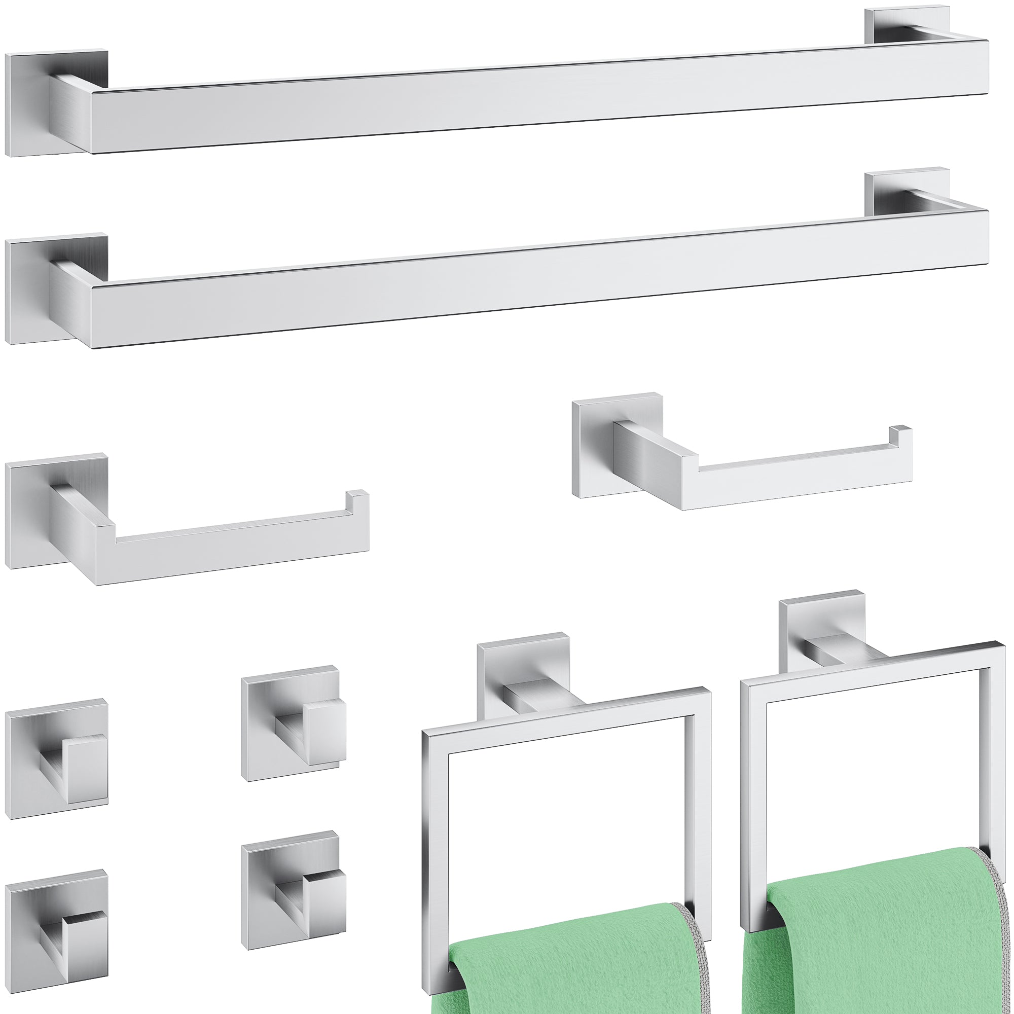 10-Piece Bathroom Hardware Accessories Set, 23.6 Inch SUS304 Stainless Steel Towel Bar Set, Wall Mounted Bathroom Towel Holders, Towel Hooks with Toilet Paper Holder (Brushed Nickel)