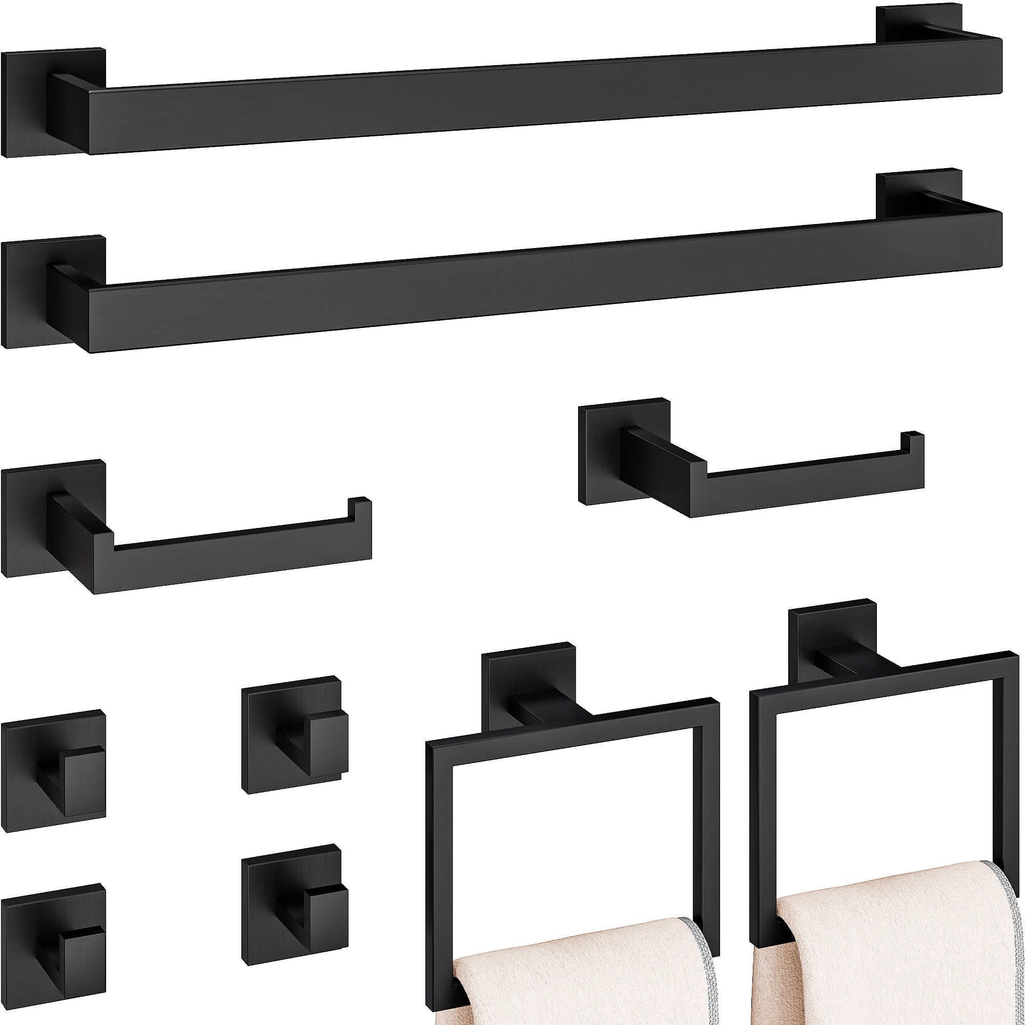10-Piece Bathroom Hardware Accessories Set, 23.6 Inch SUS304 Stainless Steel Towel Bar Set, Wall Mounted Bathroom Towel Holders, Towel Hooks with Toilet Paper Holder (Matte Black)