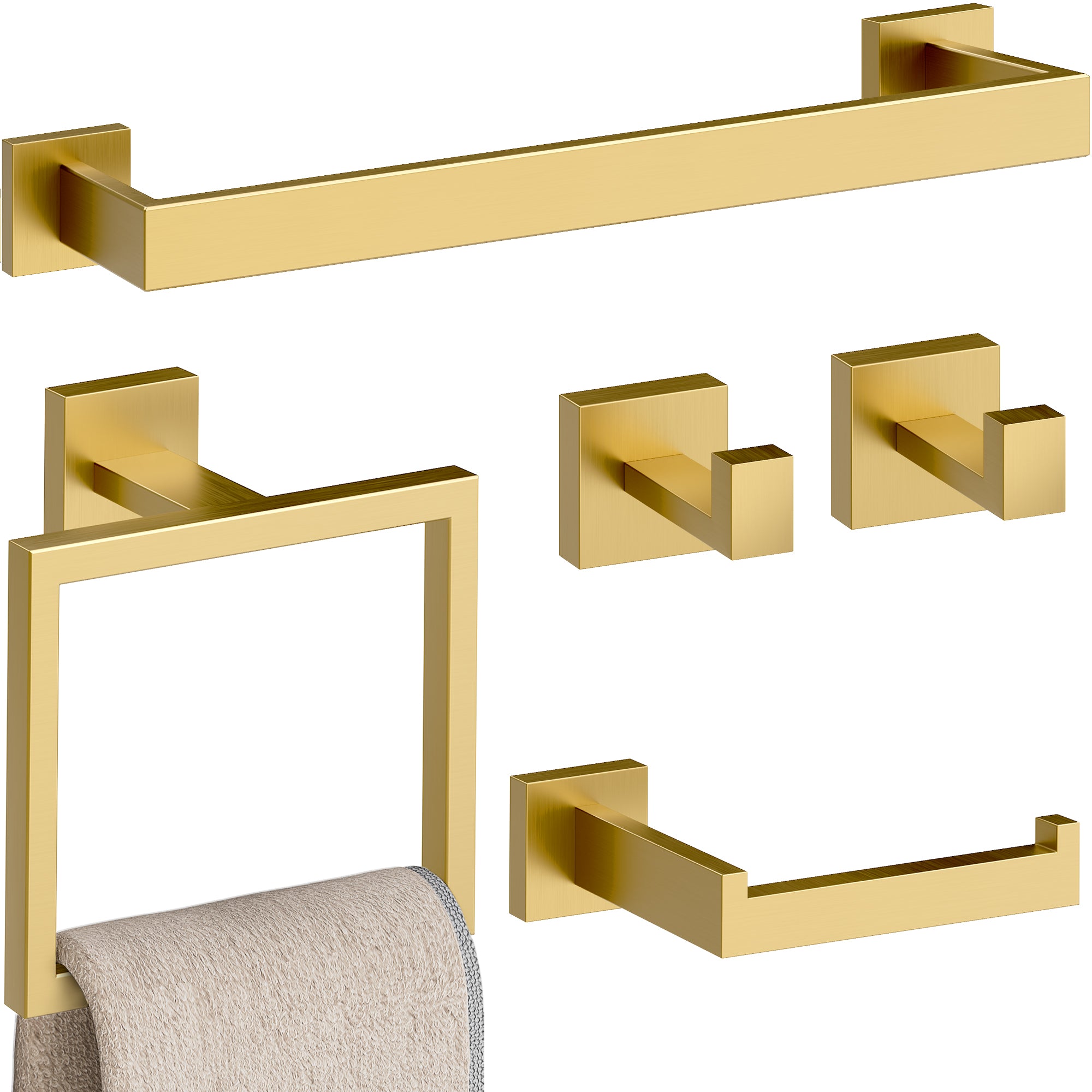 5-Piece Bathroom Hardware Accessories Set, 23.6 Inch SUS304 Stainless Steel Towel Bar Set, Wall Mounted Bathroom Towel Holders, Towel Hooks with Toilet Paper Holder (Brushed Gold)