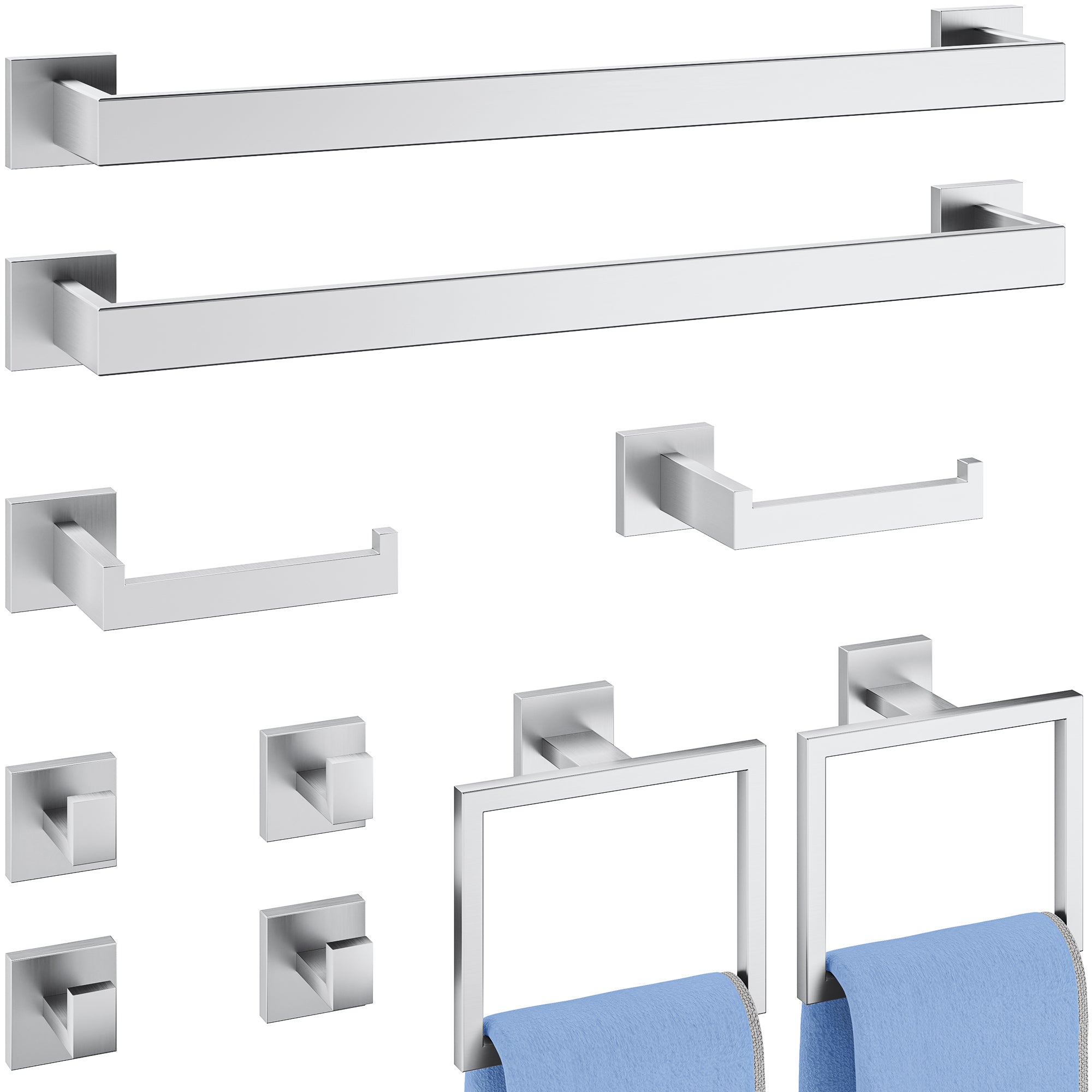 10-Piece Bathroom Hardware Accessories Set, 16 Inch SUS304 Stainless Steel Towel Bar Set, Wall Mounted Bathroom Towel Holders, Towel Hooks with Toilet Paper Holder (Brushed Nickel)