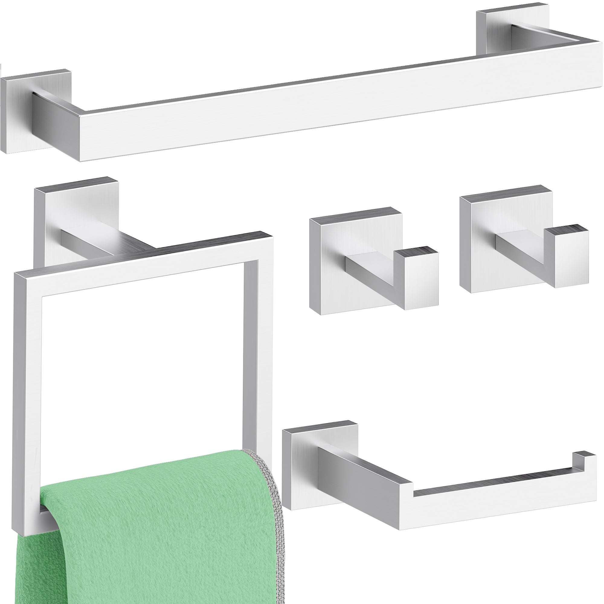 5-Piece Bathroom Hardware Accessories Set, 23.6 Inch SUS304 Stainless Steel Towel Bar Set, Wall Mounted Bathroom Towel Holders, Towel Hooks with Toilet Paper Holder (Brushed Nickel)