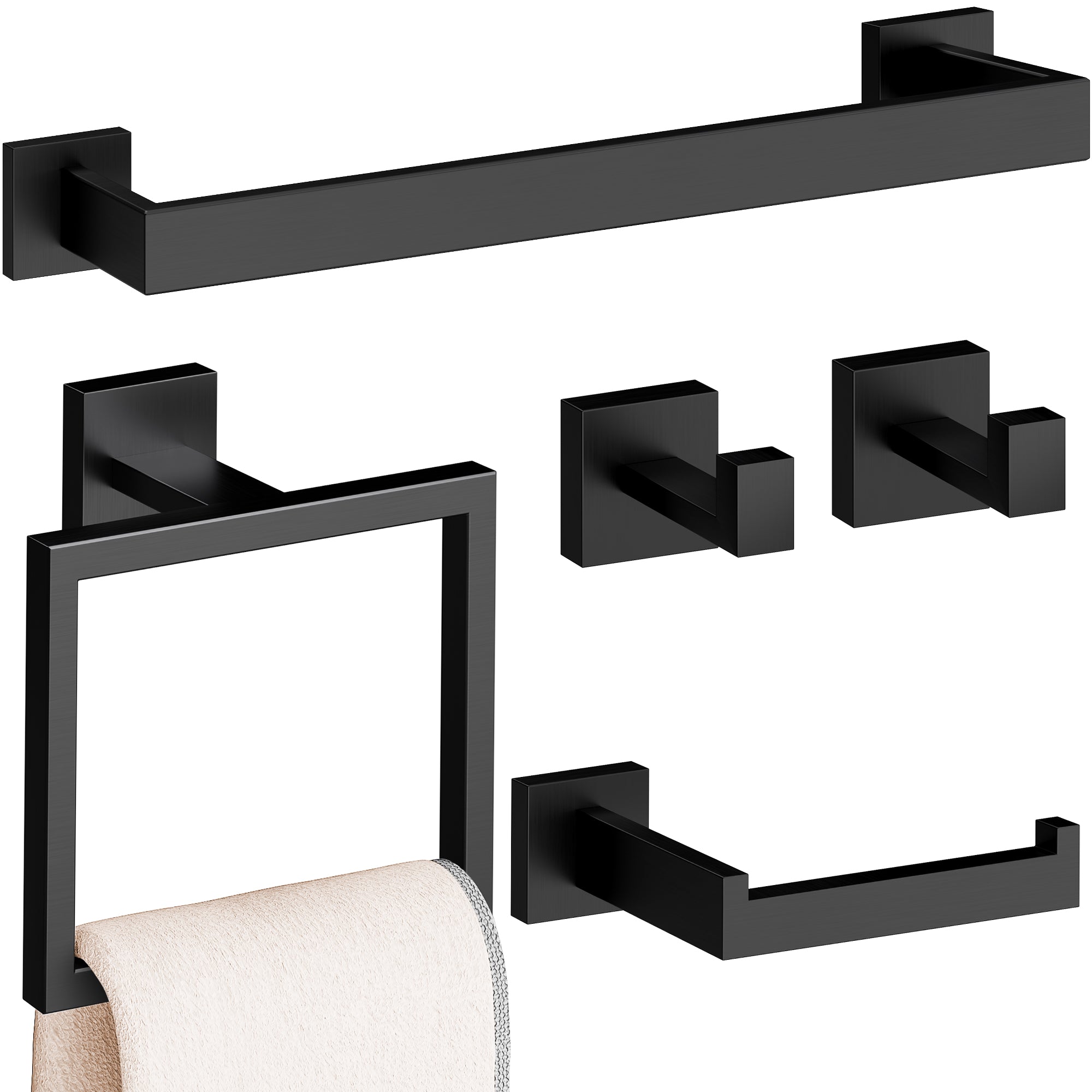 5-Piece Bathroom Hardware Accessories Set, 23.6 Inch SUS304 Stainless Steel Towel Bar Set, Wall Mounted Bathroom Towel Holders, Towel Hooks with Toilet Paper Holder (Matte Black)