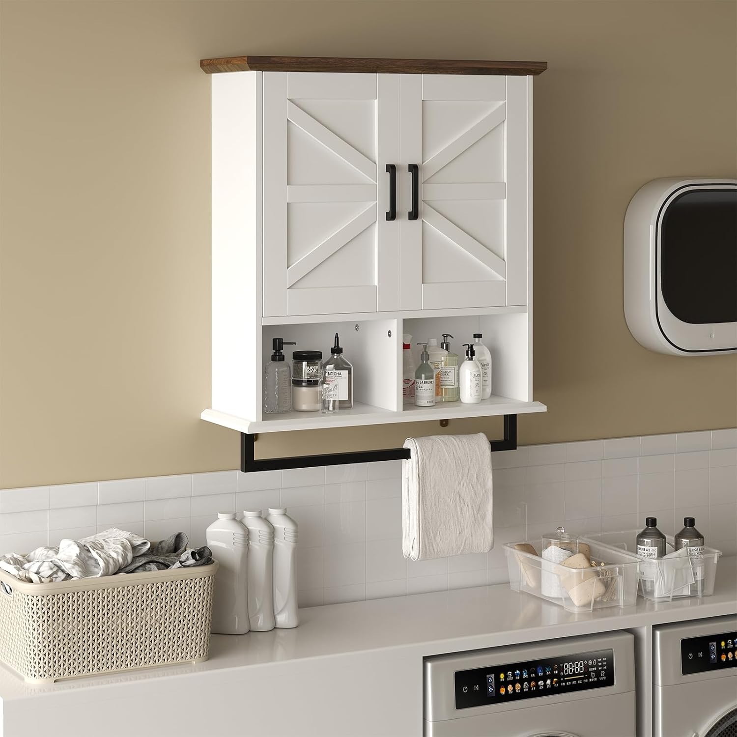 Hawkrown Farmhouse Bathroom Wall Cabinet with Adjustable Shelves & Towel Racks, White Wall Mounted Medicine Cabinet, Over The Toilet Storage Cabinet for Bathroom, Kitchen, Laundry Room