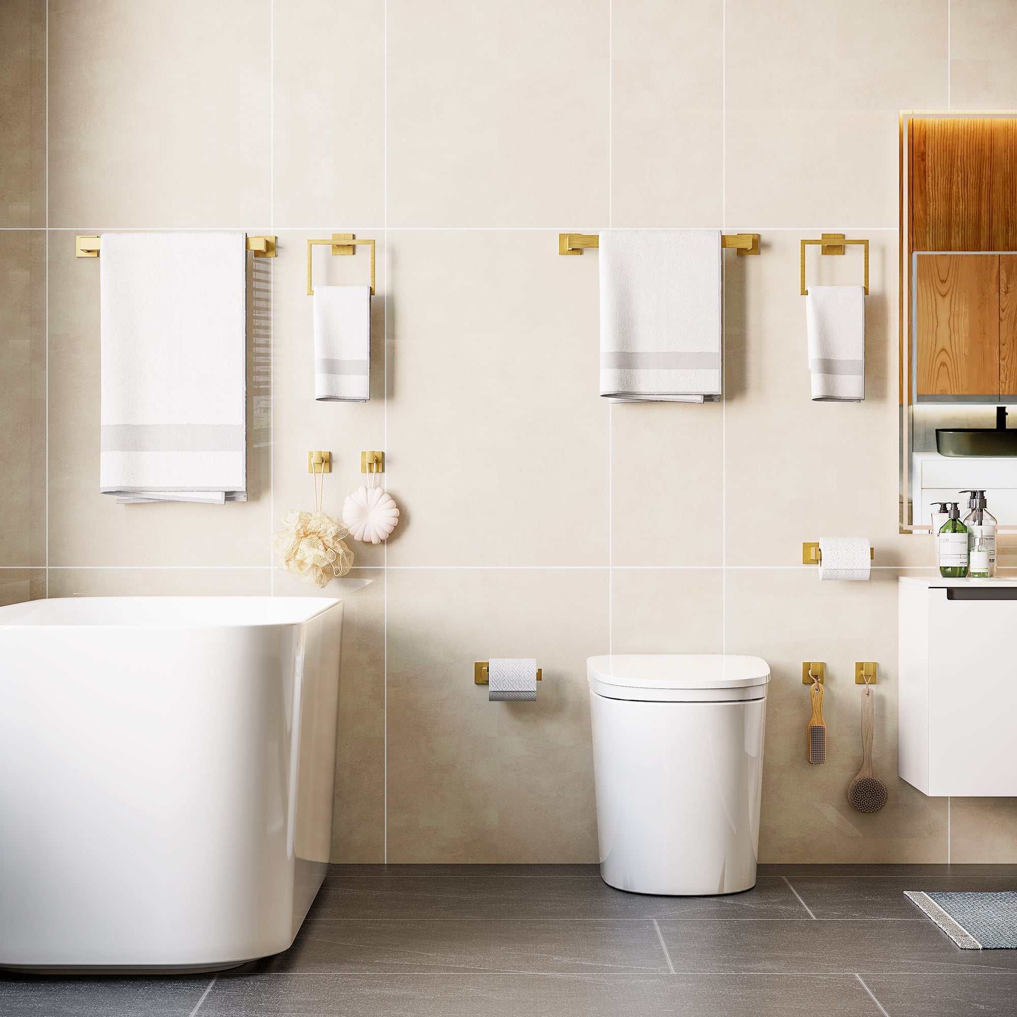 10-Piece Bathroom Hardware Accessories Set, 23.6 Inch SUS304 Stainless Steel Towel Bar Set, Wall Mounted Bathroom Towel Holders, Towel Hooks with Toilet Paper Holder (Brushed Gold)
