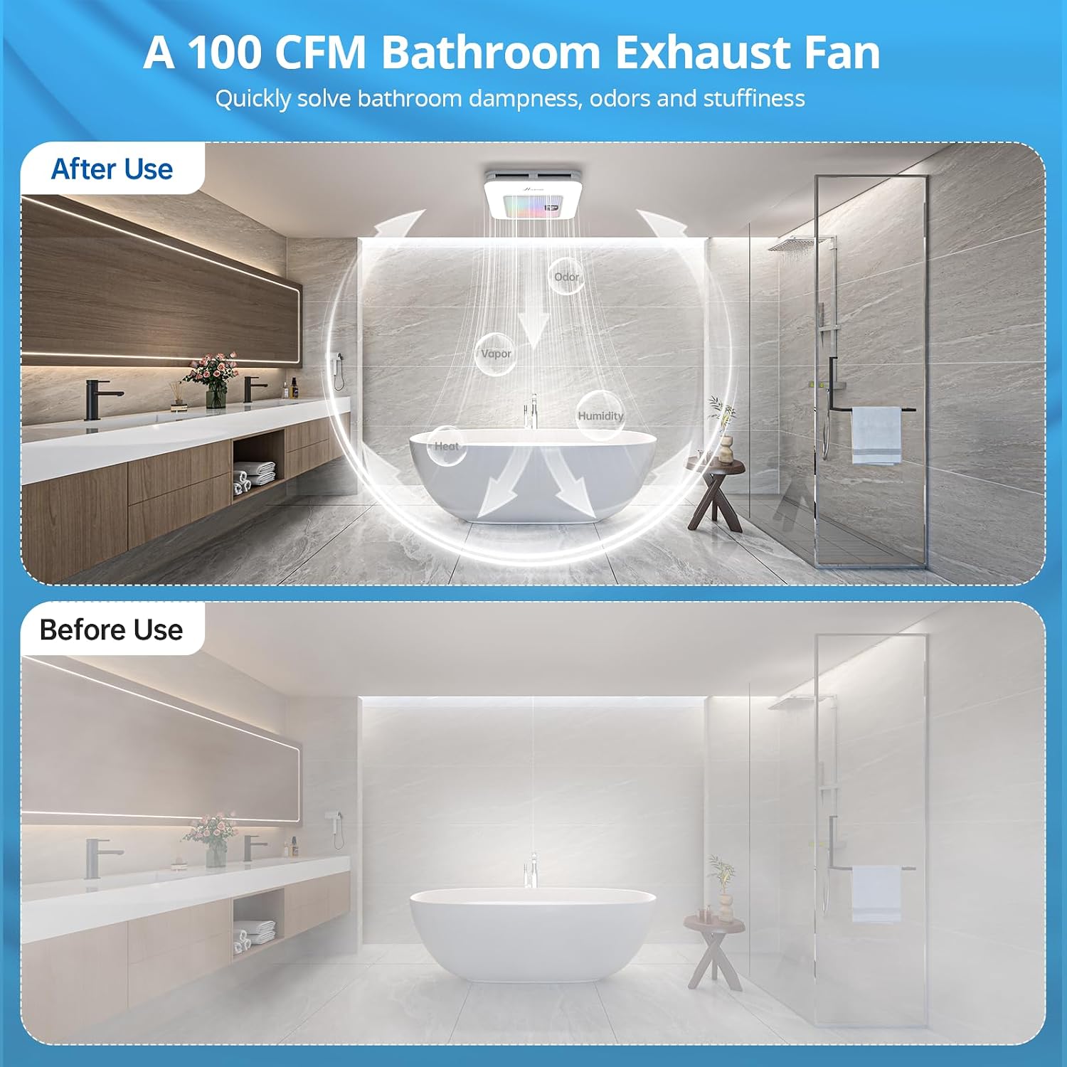 Hawkrown Bathroom Exhaust Fan with Bluetooth Speaker, 100 CFM 1.0 Sone Bathroom Exhaust Fan with Light, Dynamic Light, 7 LED Color, 3CCT Dimmable, Nightlight,Remote, Easy Install (White)