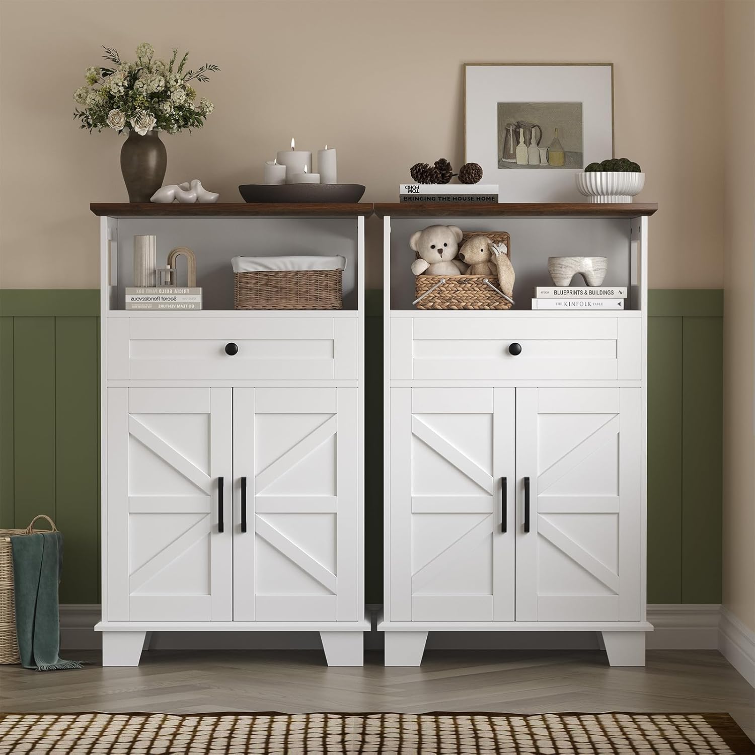 Hawkrown Farmhouse Bathroom Storage Cabinet with Drawer & Adjustable Shelves, White 23.6" Wide Freestanding Floor Cabinet, Barn Door, Sturdy Wood, for Kitchen, Entryway (23.6 * 11.8 * 39.3" (Floor))