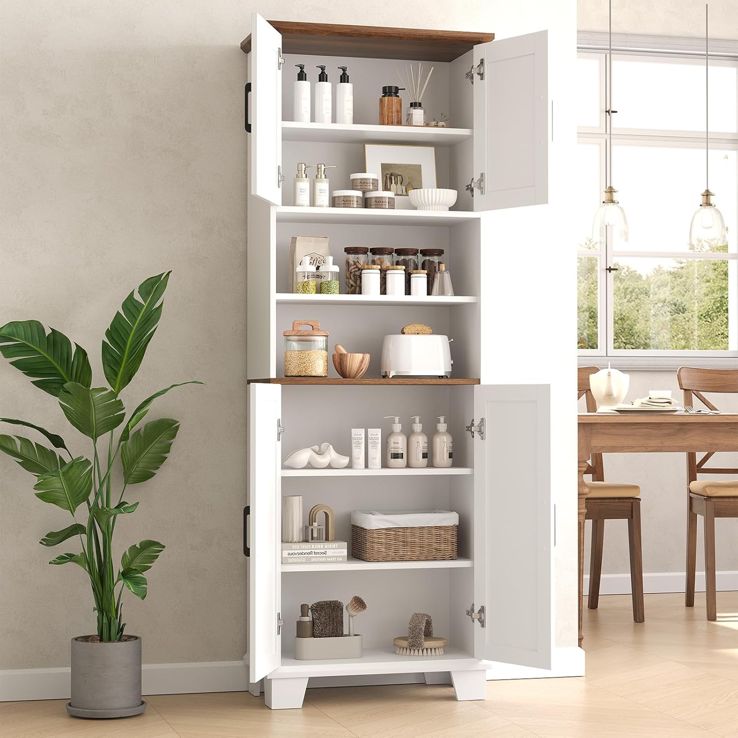 Hawkrown Farmhouse Bathroom Storage Cabinet, 67.9" Tall Freestanding Cabinet with 7 Adjustable Shelves & Barn Doors, Multipurpose Pantry Cupboard for Kitchen, Bathroom, Living Room, Dining Room