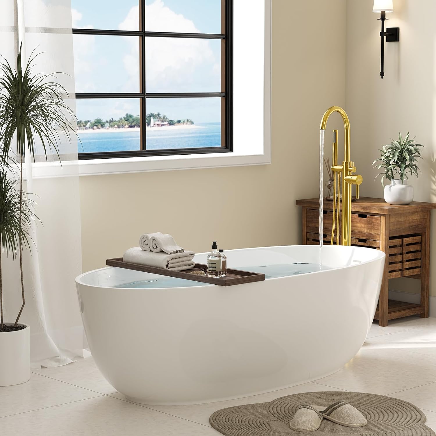 Freestanding Bathtub Faucet, Floor Mount Bathtub Faucet with 2 Water Outlet Modes, Swivel Gooseneck Spout with Hand Shower, Brass Single Handle Tub filler, Max Flow Rate 7.4 GPM (Gooseneck-Bright Gold)