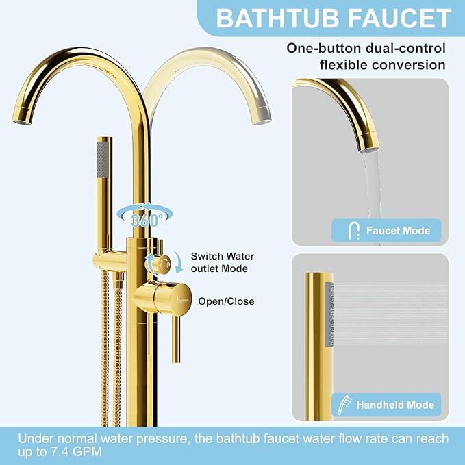 Freestanding Bathtub Faucet, Floor Mount Bathtub Faucet with 2 Water Outlet Modes, Swivel Gooseneck Spout with Hand Shower, Brass Single Handle Tub filler, Max Flow Rate 7.4 GPM (Gooseneck-Bright Gold)