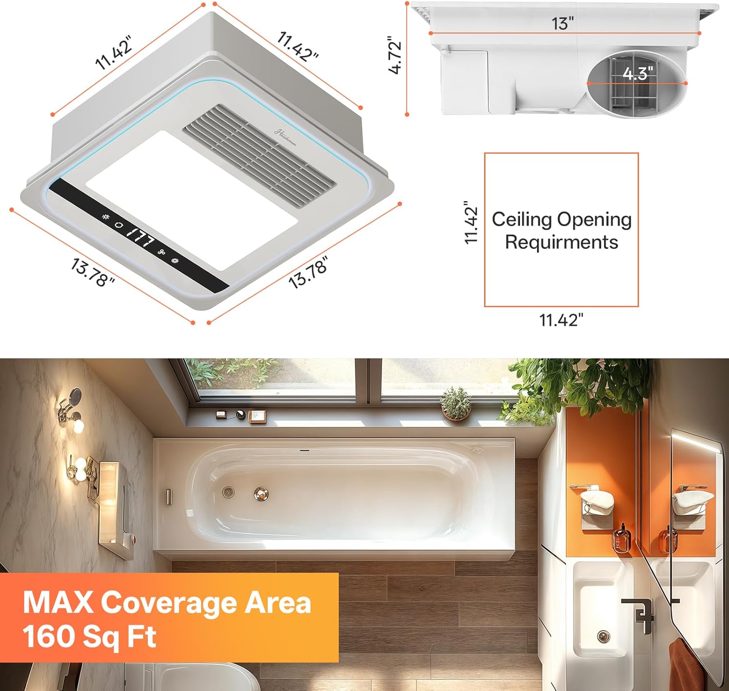 4 in 1 Bathroom Exhaust Fan with Light, 1760W Bathroom Heater Fan Light Combo, 190 CFM 1.0 Sone Exhaust with Heater, Ventilation for Home, Bath, Hotel