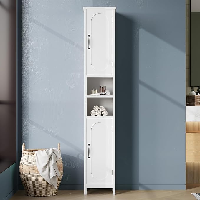 67" Tall Bathroom Storage Cabinet with Lights, Slim Narrow Bathroom Cabinet Organizer with Doors and Adjustable Shelves, Tall Cabinet for Small Space, Living Room, Kitchen (White)