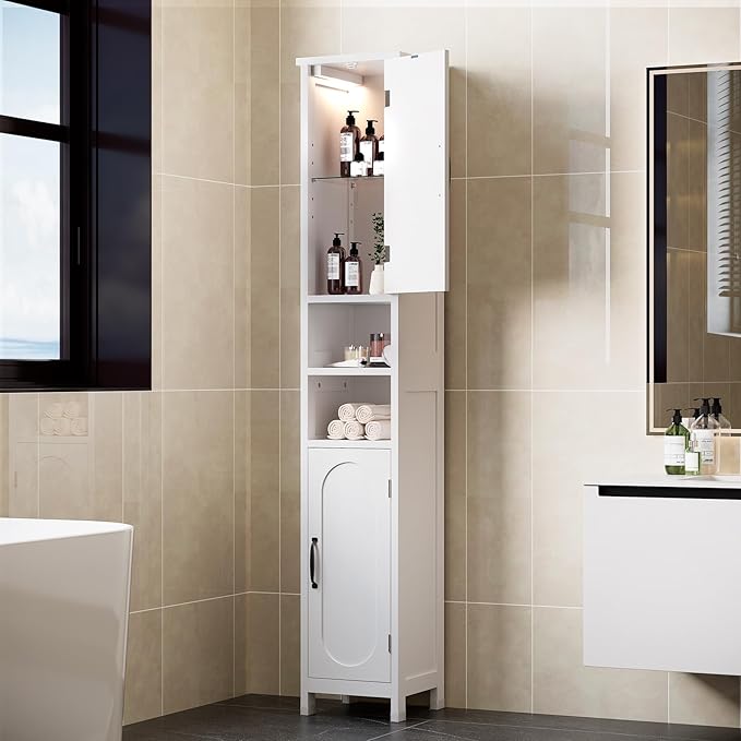 67" Tall Bathroom Storage Cabinet with Lights, Slim Narrow Bathroom Cabinet Organizer with Doors and Adjustable Shelves, Tall Cabinet for Small Space, Living Room, Kitchen (White)