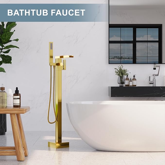 Freestanding Bathtub Faucet, Floor Mount Bathtub Faucet with 2 Water Outlet Modes, Swivel Gooseneck Spout with Hand Shower,Single Handle, Max Flow Rate 7.4 GPM (Waterfall-Bright Gold)