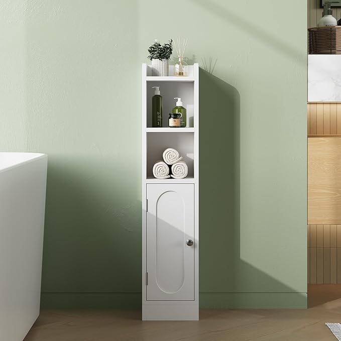 Small Bathroom Storage Cabinet, Narrow Slim Storage Cabinet with Doors and Adjustable Shelves,Freestanding Floor Corner Toilet Paper Organizer for Small Space (White)