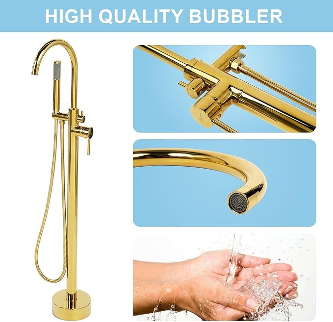 Freestanding Bathtub Faucet, Floor Mount Bathtub Faucet with 2 Water Outlet Modes, Swivel Gooseneck Spout with Hand Shower, Brass Single Handle Tub filler, Max Flow Rate 7.4 GPM (Gooseneck-Bright Gold)