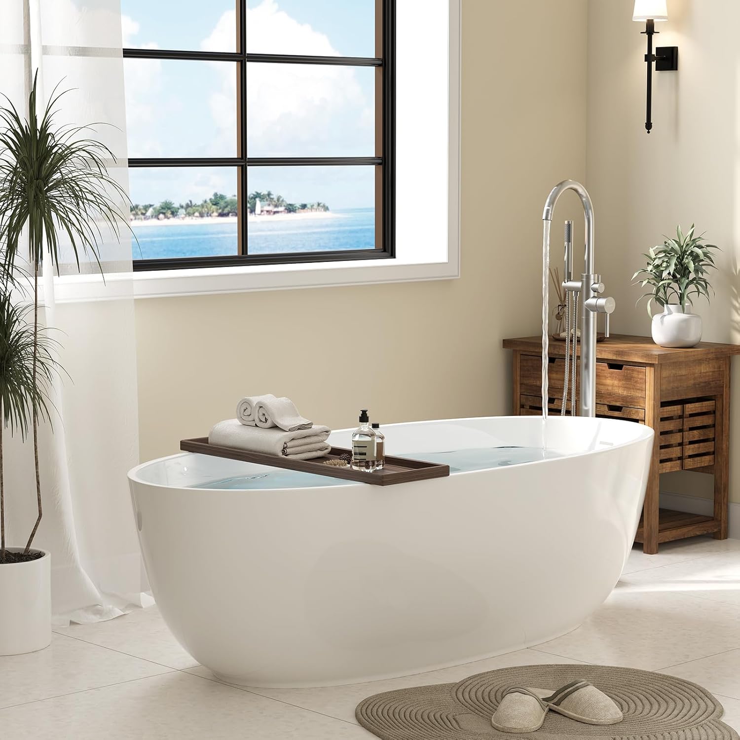 Freestanding Bathtub Faucet, Floor Mount Bathtub Faucet with 2 Water Outlet Mode, Swivel Gooseneck Spout with Hand Shower, Brass Single Handle Tub filler, Max Flow Rate 7.4 GPM (Gooseneck-Brushed Nickel)