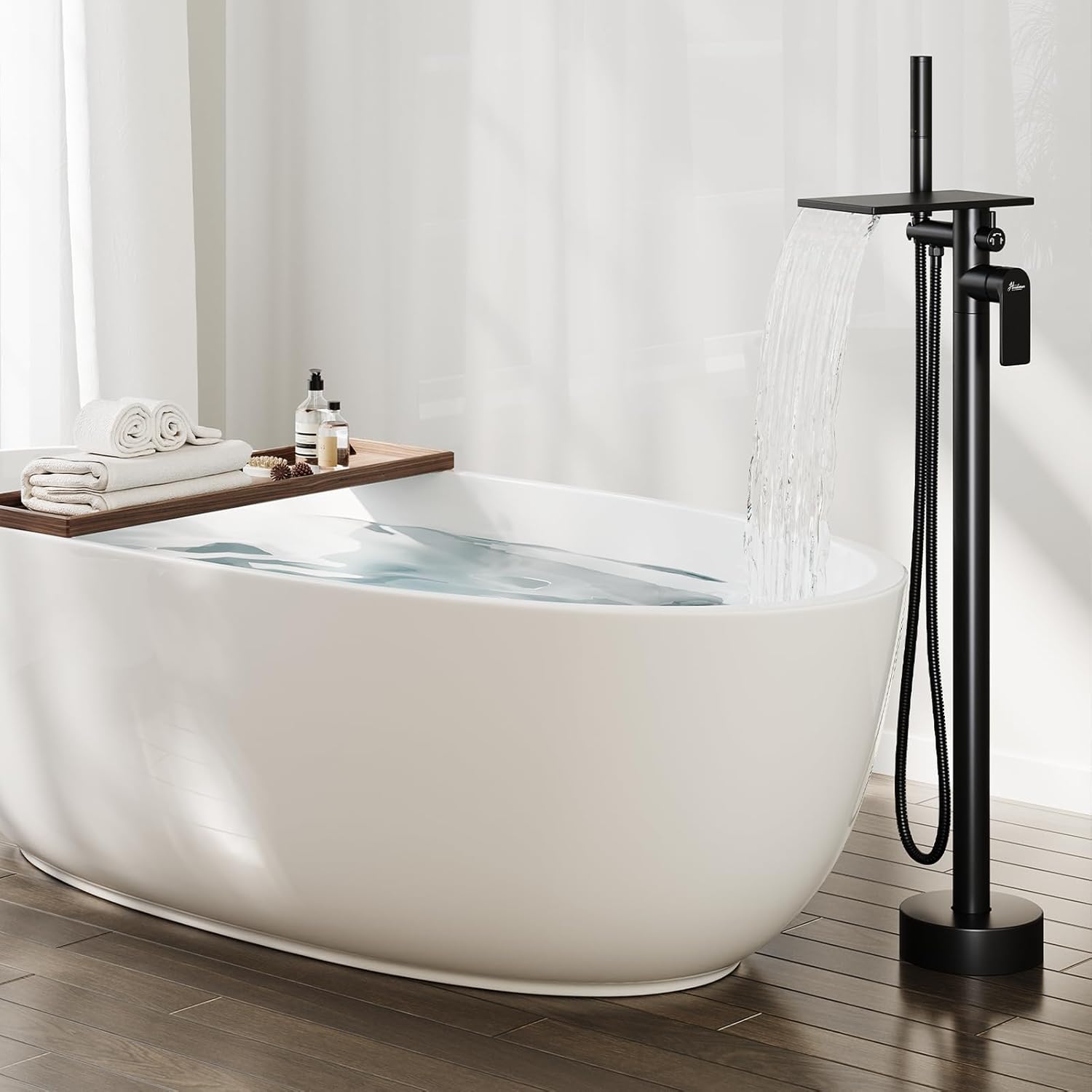 Freestanding Bathtub Faucet, Floor Mount Bathtub Faucet with 3 Water Outlet Modes, Swivel Waterfall Spout with Hand Shower, Brass Single Handle Tub filler, Max Flow Rate 7.4 GPM (Waterfall 2-Black)
